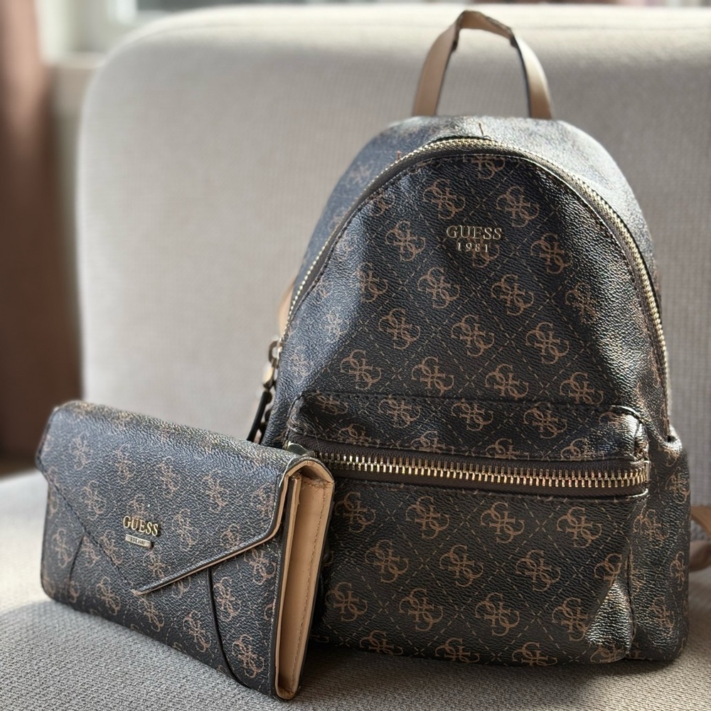 GUESS Dark Brown Monogram Backpack and Wallet